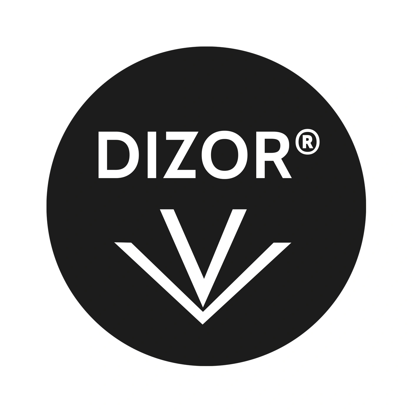Schwarzer Kreis mit weißem Text und Pfeil, DIZOR-Logo.
