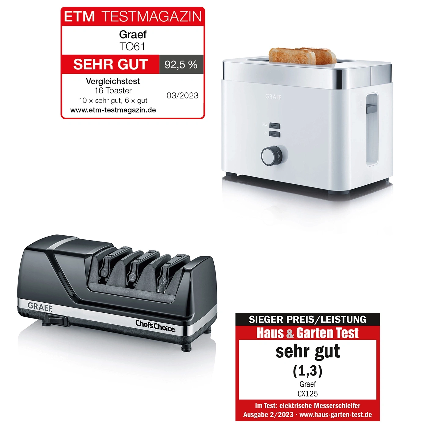Graef Toaster und Messerschleifer mit Testergebnissen und Auszeichnungen.