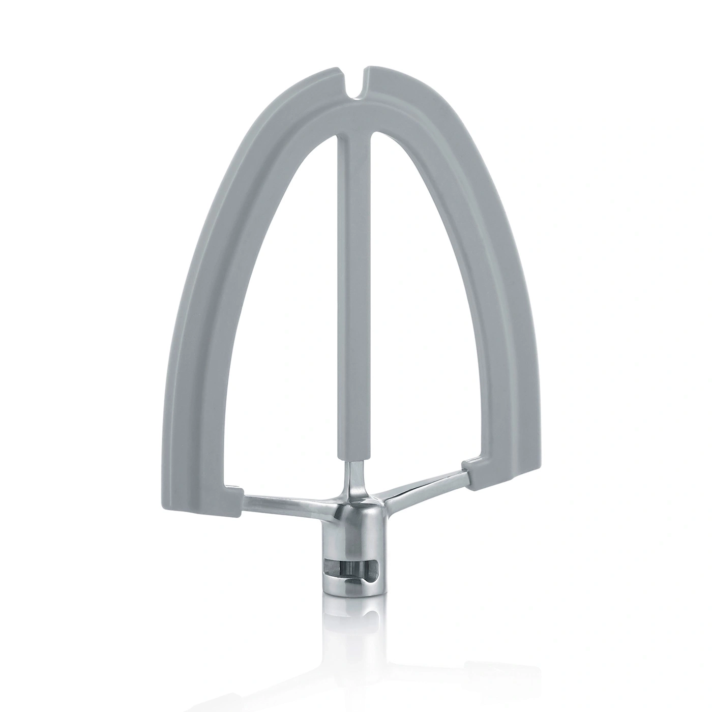 Close-up of a gray kitchen mixer attachment isolated on white background
