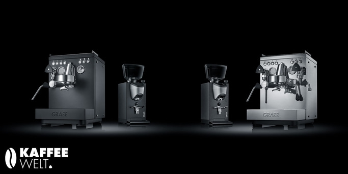 Kaffeemaschinen und Kaffeemühlen auf schwarzem Hintergrund, GRAEF-Marke.