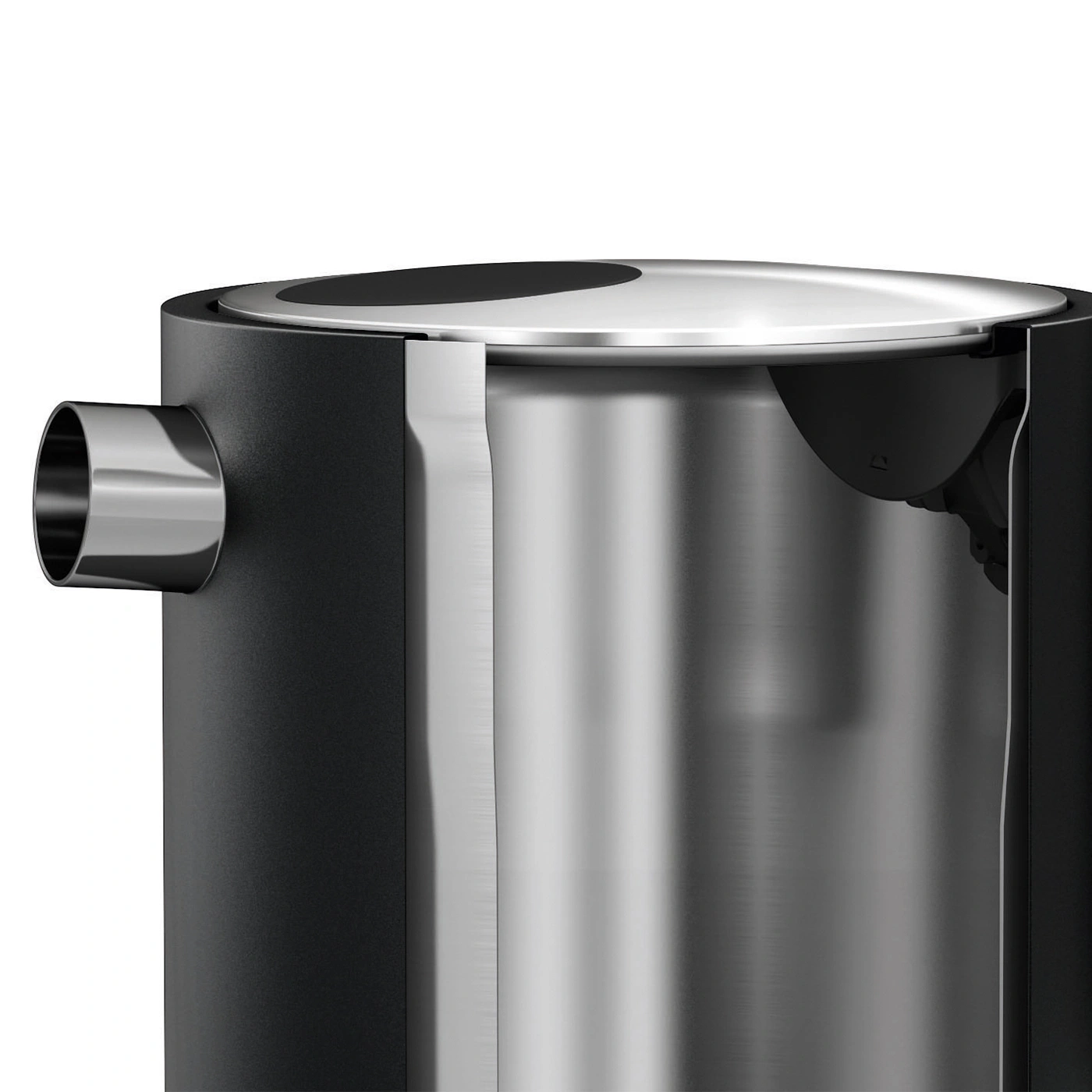 A cross-section of a silver and black metal container with a spout on the left side.
