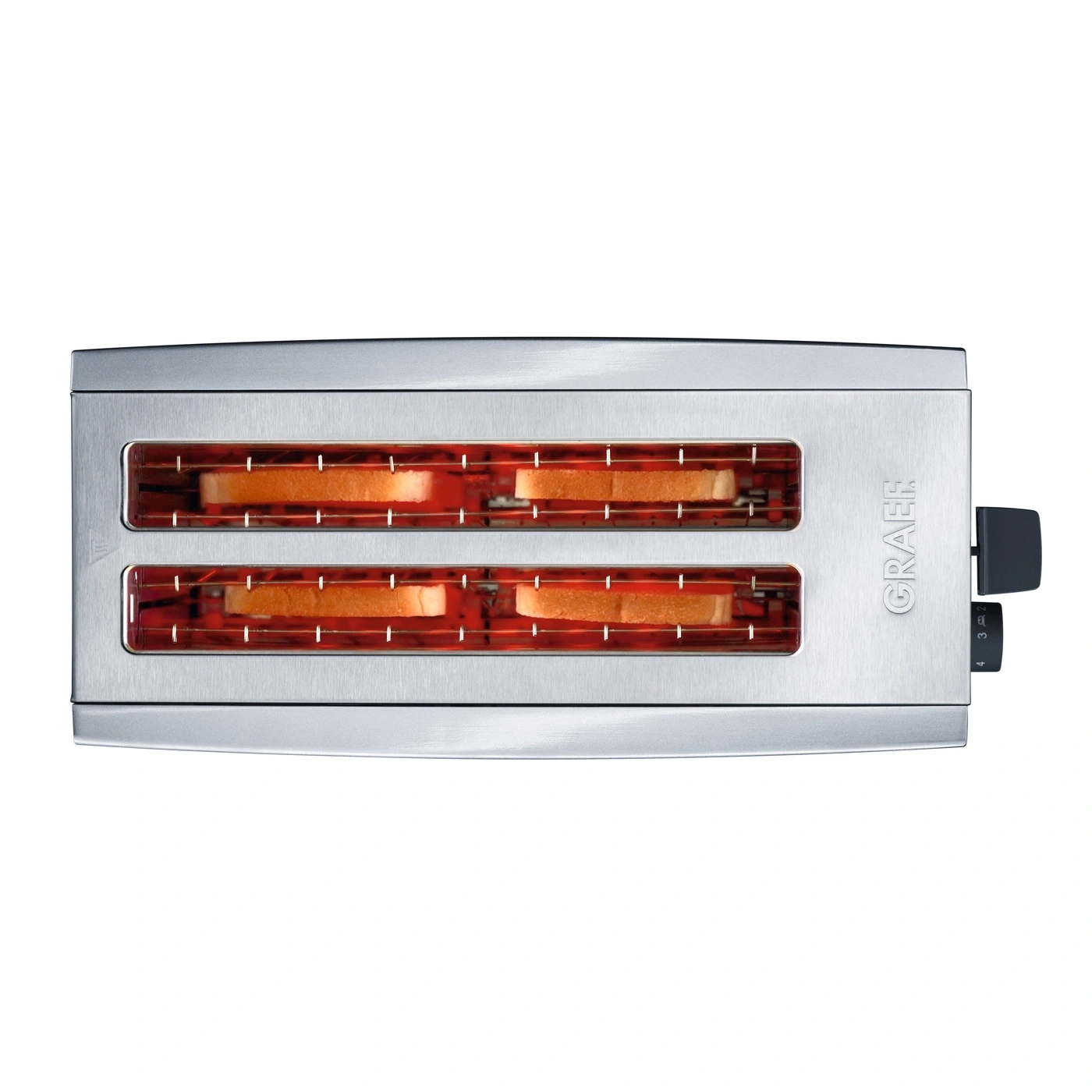Toaster mit vier Toastscheiben, silbernes Gehäuse, Marke GRAEF, Toasten