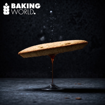 Kuchen mit Sirup, der auf einem Glas balanciert, mit dem Logo 'Baking World'.