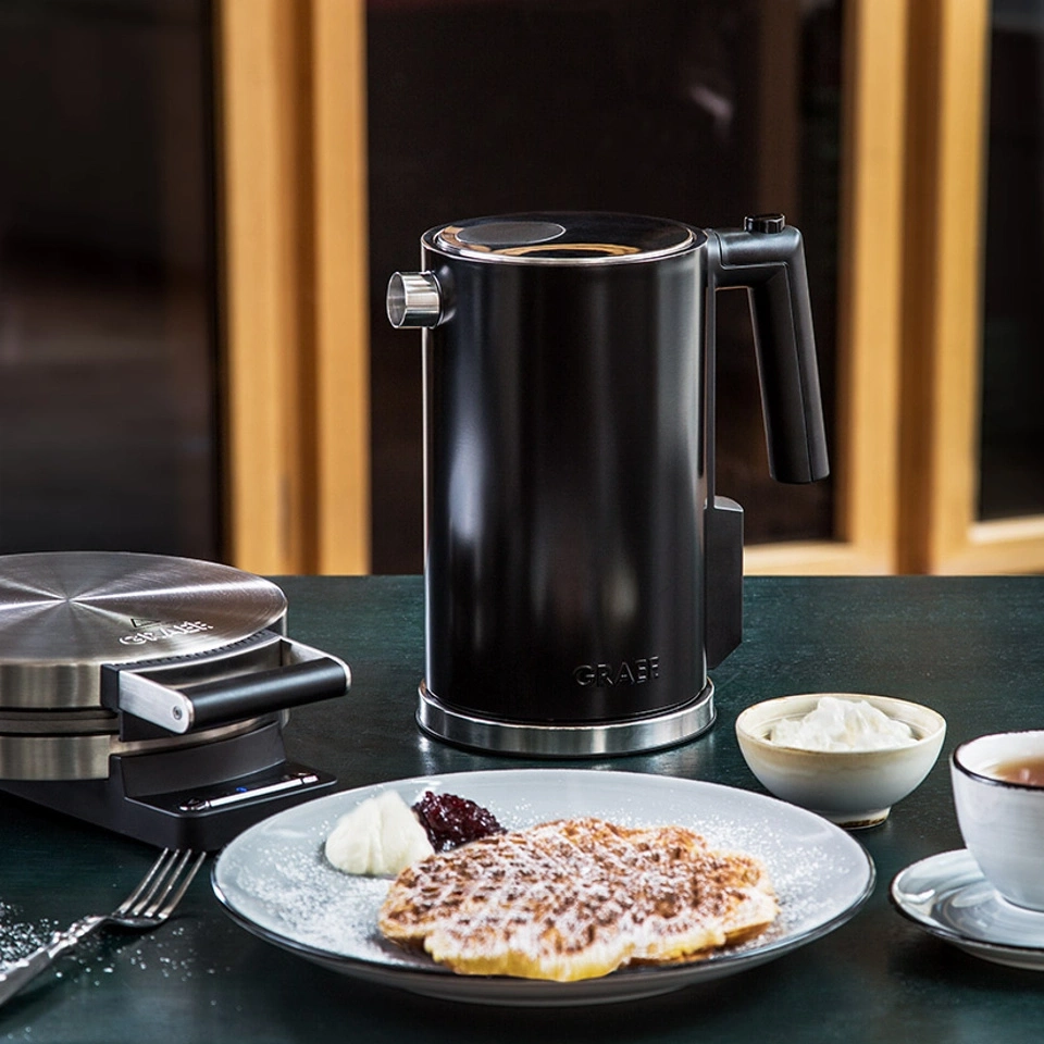 Black kettle, waffle, plate, cream, jam, table, food, breakfast, kitchenware, meal