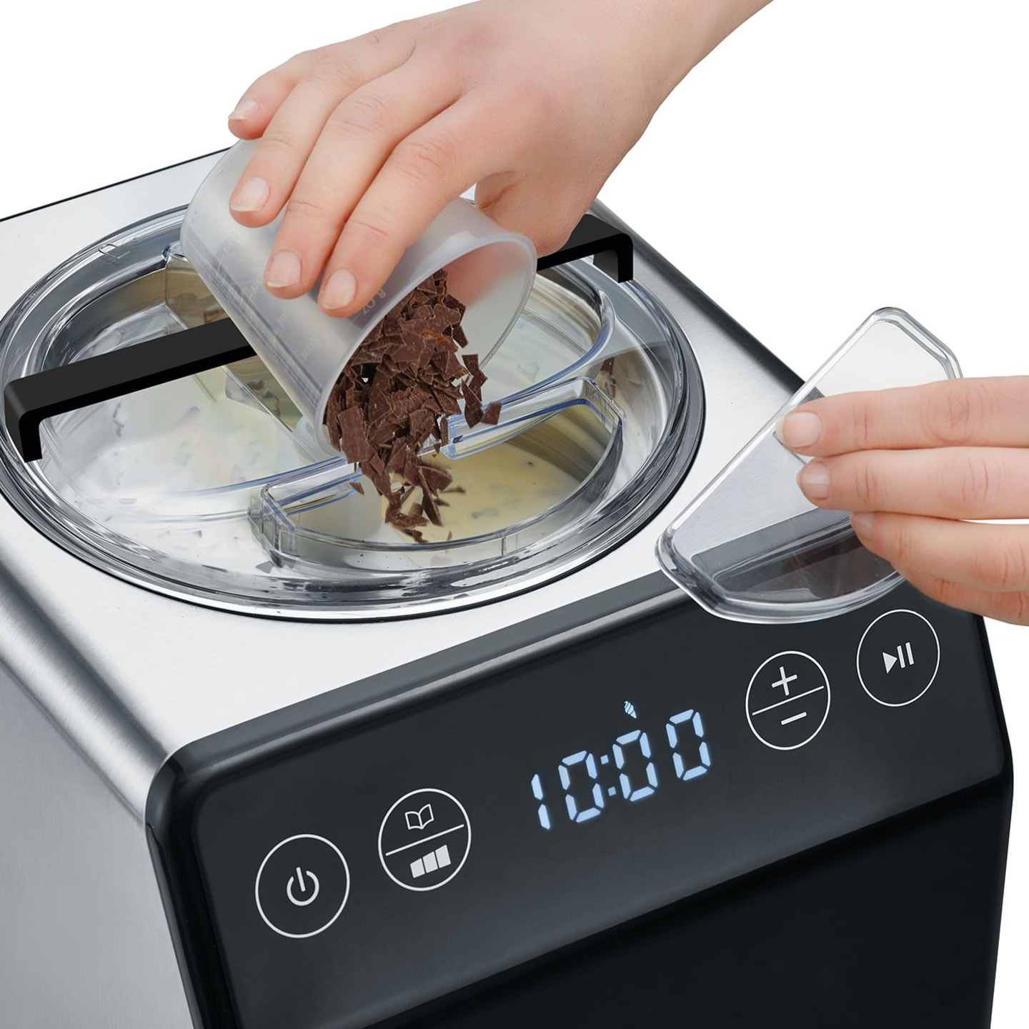 Ice cream machine with chocolate pieces, hands, control panel, 10:00, transparent