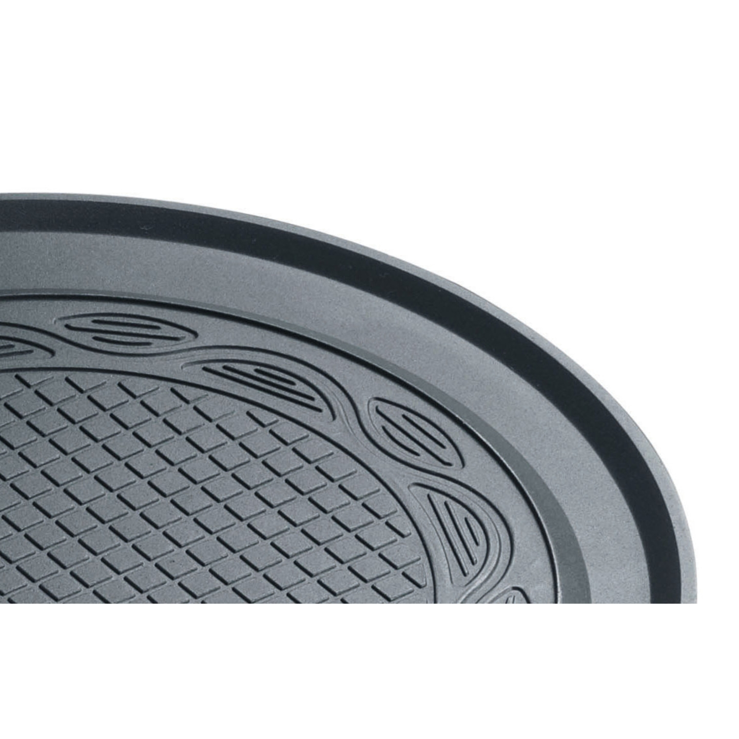 Gray round surface with decorative patterns and a grid pattern inside the circle.