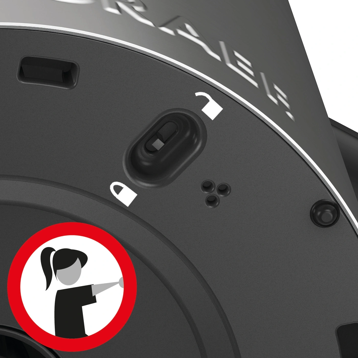 Warning sign with woman touching something and lock symbols on a grey device.
