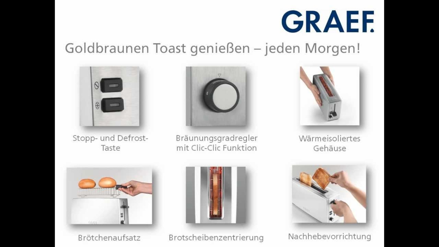 GRAEF Toaster: Goldbrauner Toast, Funktionen wie Stopp- und Defrost-Taste, Bräunungsgradregler, etc.