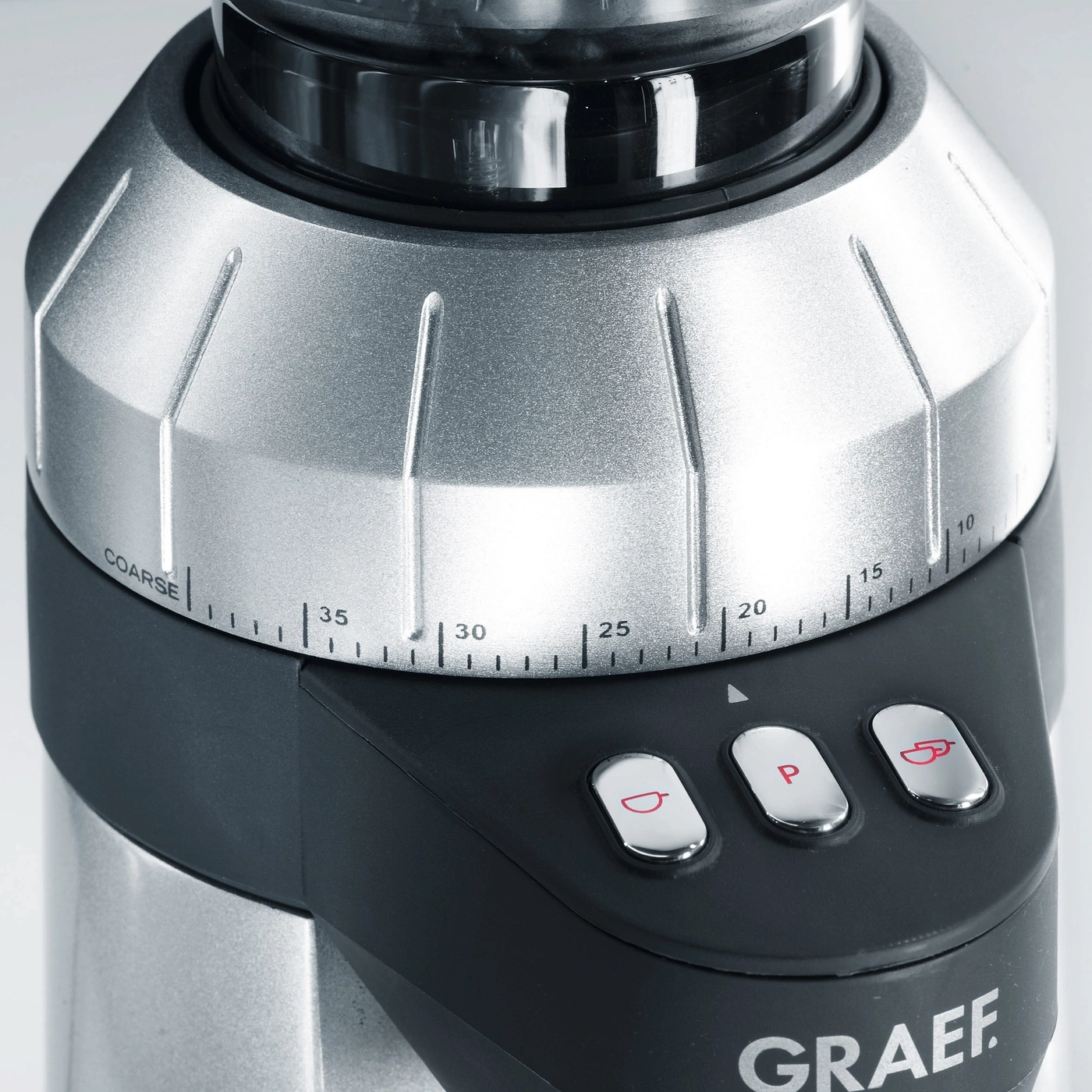 Coffee grinder with adjustment dial and buttons, GRAEF logo, adjustable grind, silver and black