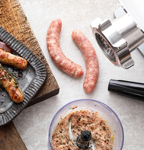 Sausage, meat grinder, meat, plate, wooden board, food, kitchen, ingredients, meal, cooking