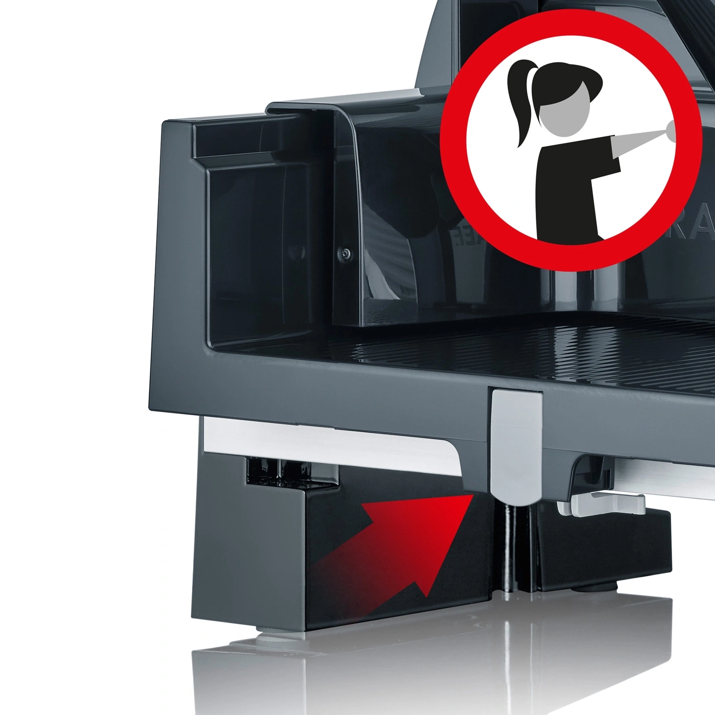 Nahaufnahme eines Geräts mit einem Warnschild, das eine Person zeigt, die mit dem Finger zeigt.
