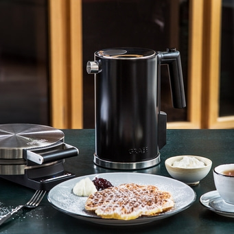 Black kettle, waffle, plate, cream, jam, table, food, breakfast, kitchenware, meal