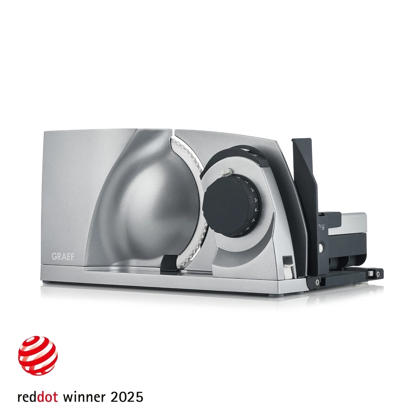 Trancheuse Graef, argent, Red Dot winner 2025, design moderne, appareil de cuisine, découpe
