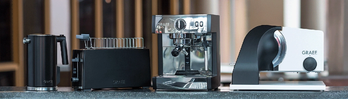 Graef kitchen appliances: kettle, toaster, espresso machine and slicer on a countertop