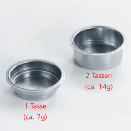 Zwei Espressosiebträger: 1 Tasse (ca. 7g) und 2 Tassen (ca. 14g).