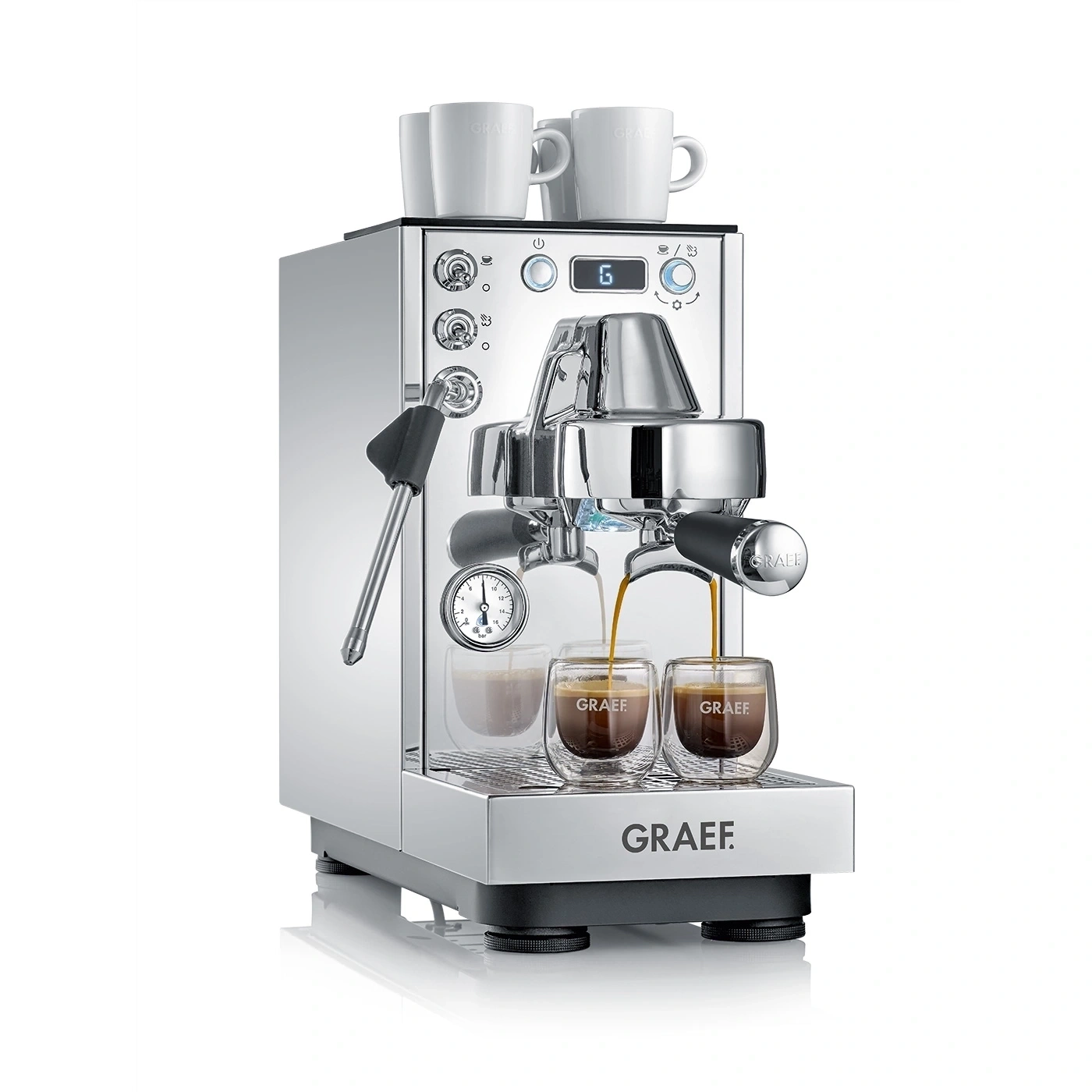 A shiny chrome espresso machine with two cups of coffee and two cups on top.