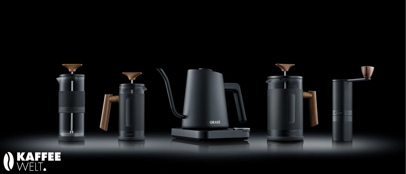 Coffee machine set with wooden details on black background, GRAEF brand.