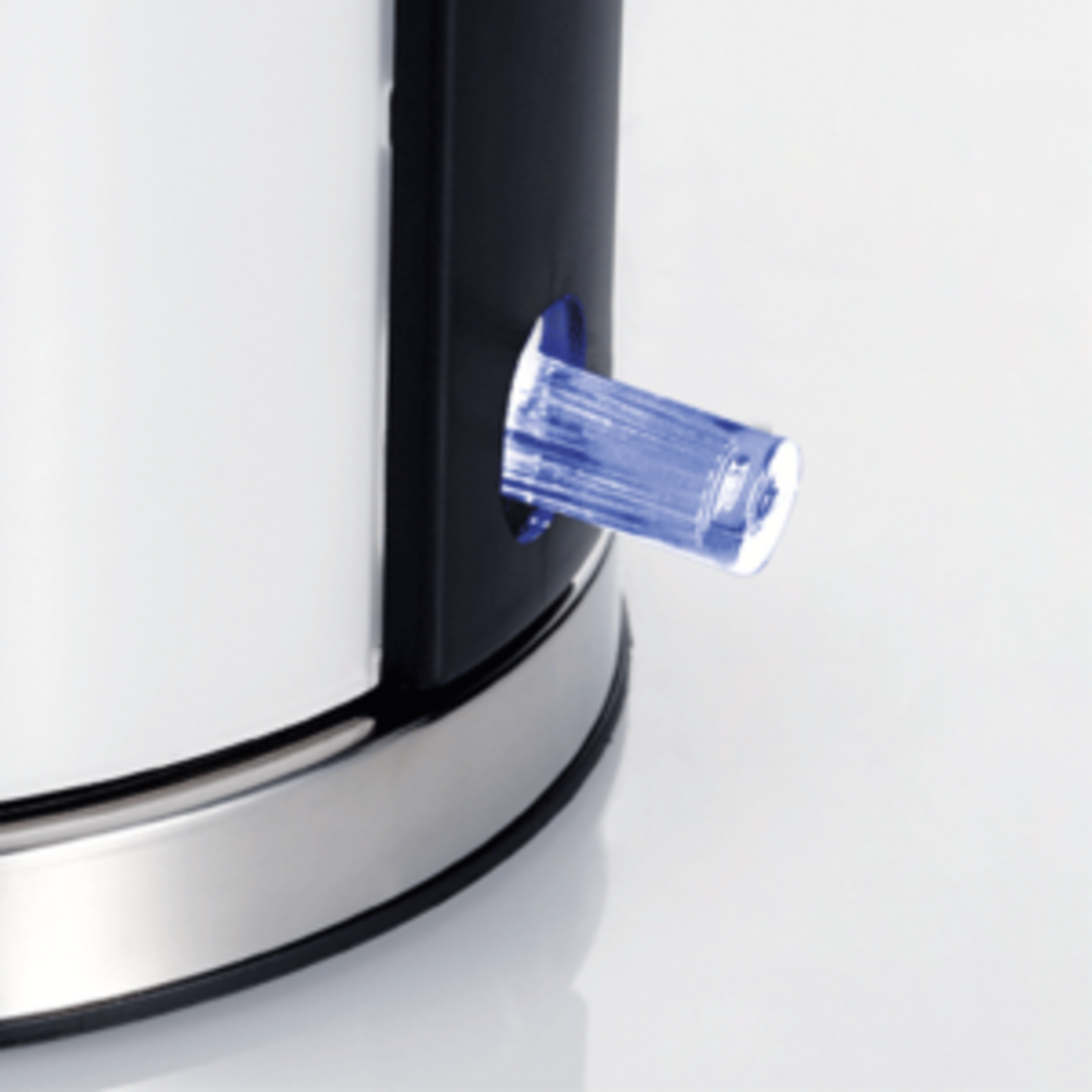 Kettle with blue illuminated button, detail shot, close-up, isolated on white background