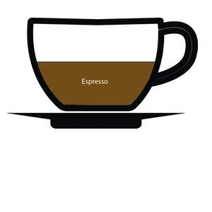 Espresso in einer Tasse mit Untertasse. Kaffeegetränk, braun.