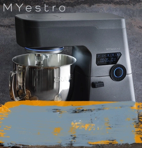 Kitchen machine with digital display and stainless steel bowl, MYestro brand.