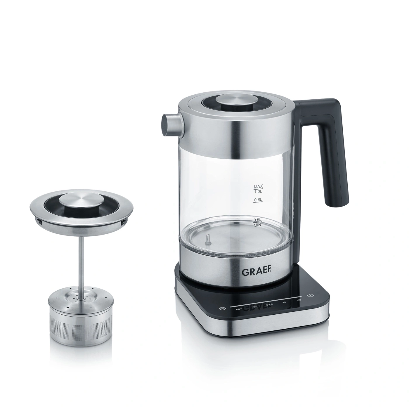 Wasserkocher mit Teefilter, Edelstahl und Glas, modernes Design, GRAEF-Marke