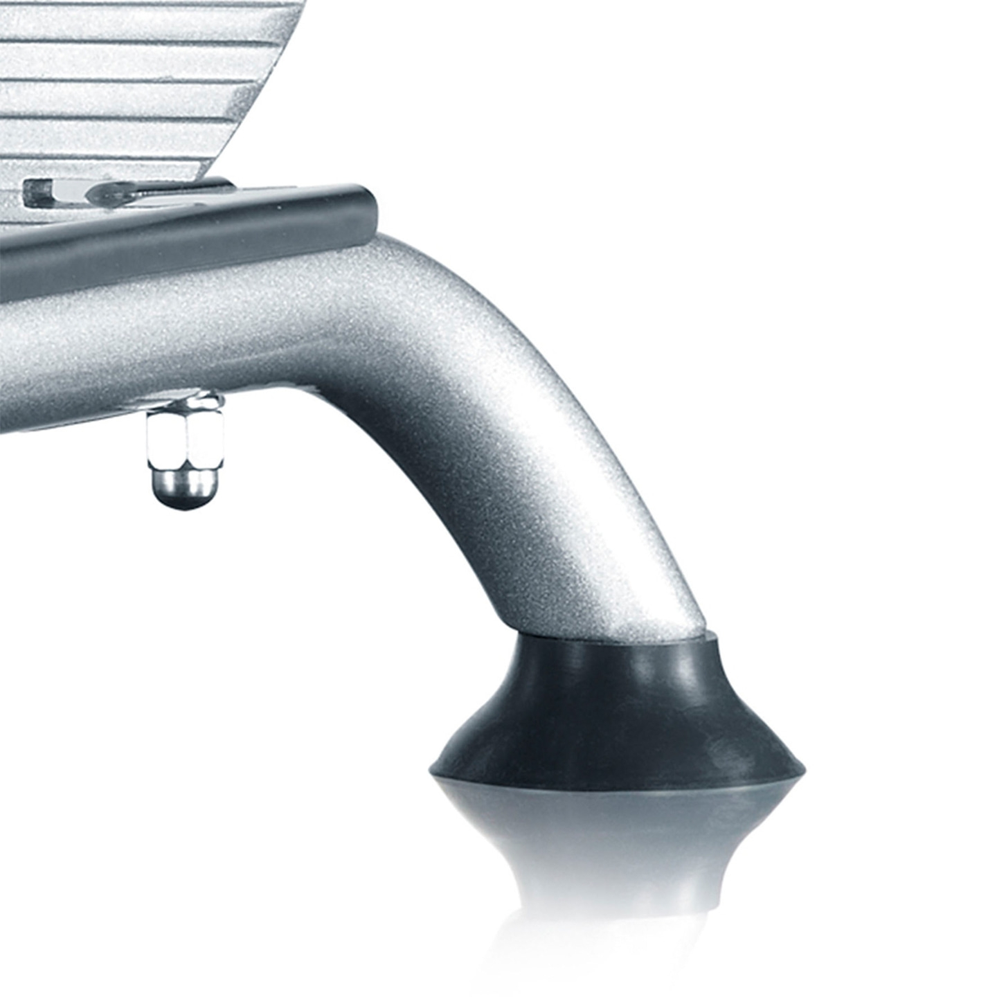 Close-up of silver metal frame with black rubber foot and a screw detail.