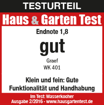Test result Haus & Garten Test: Grade 1.8 good for Graef WK 401. Kettle test.