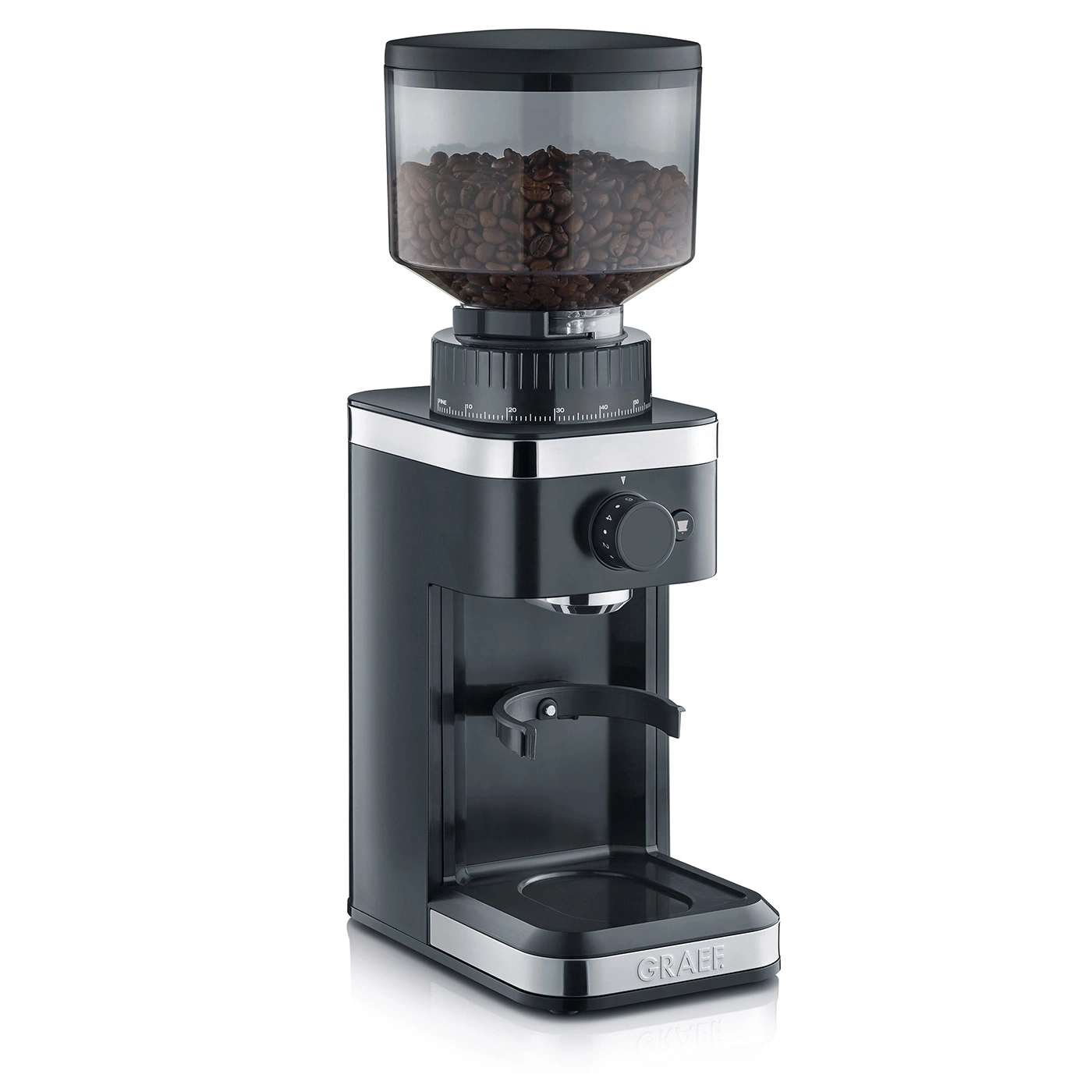 Kaffeemühle, schwarz, mit Bohnenbehälter, Mahlgrad einstellbar, GRAEF-Logo
