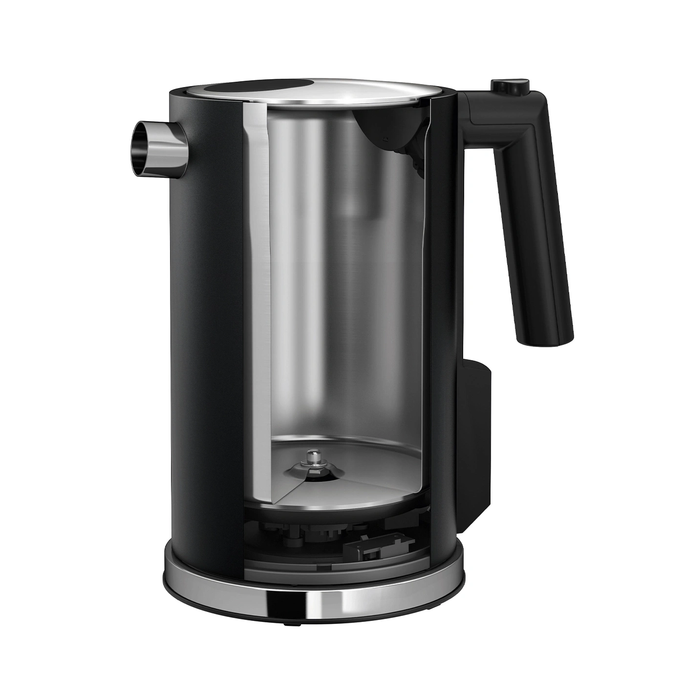 A cutaway view of a black electric kettle with a silver interior and handle.