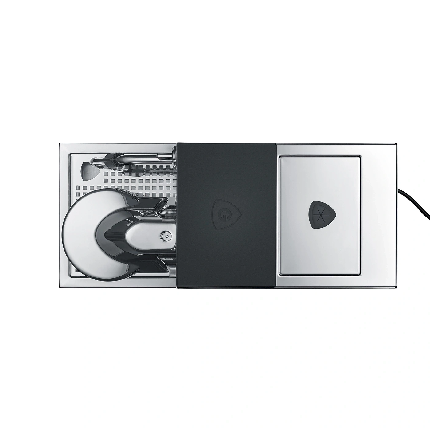 Top view of a coffee machine with polished metal parts and a black control panel.