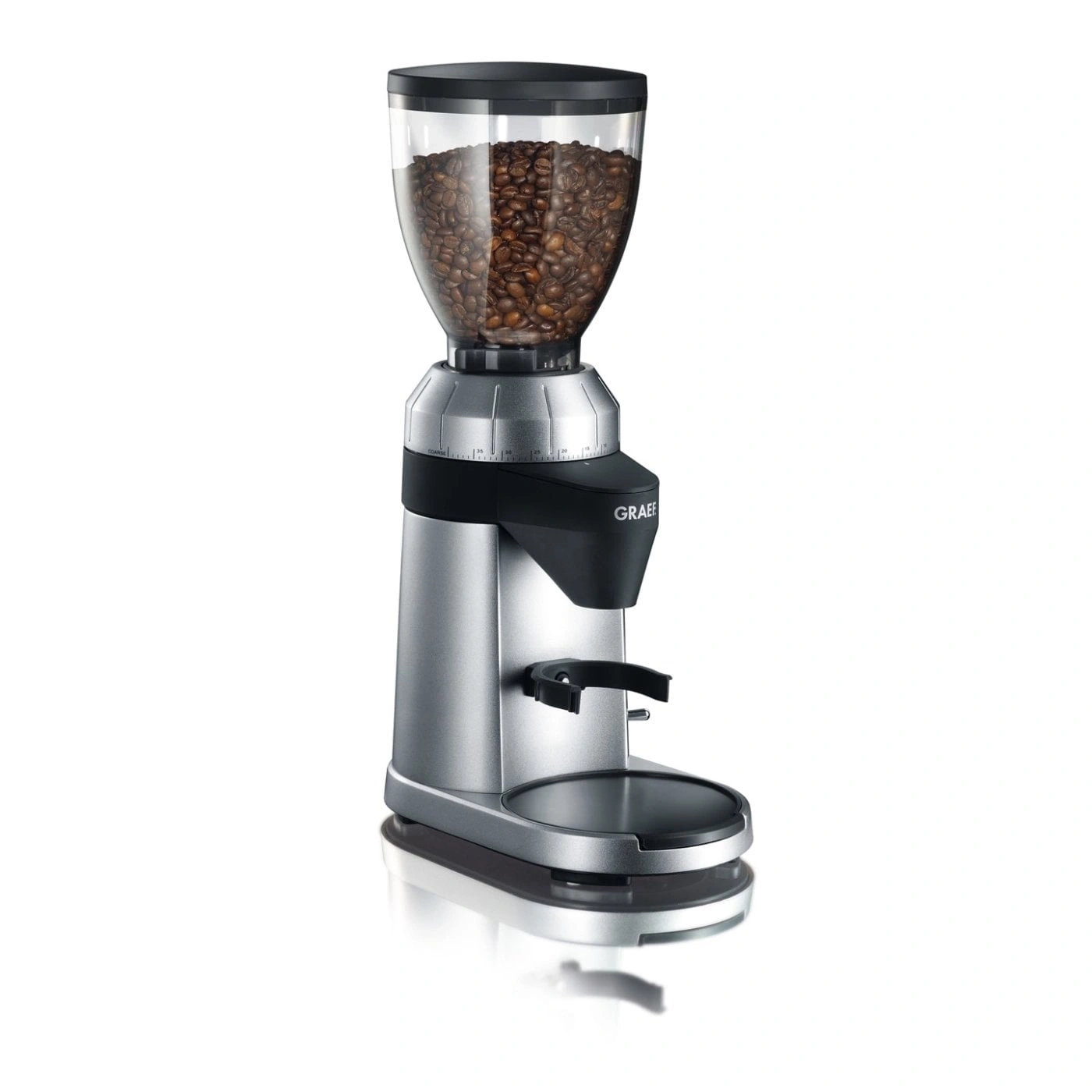 Kaffeemühle mit Bohnen, silberfarben, Marke GRAEF, Mahlwerk, transparent