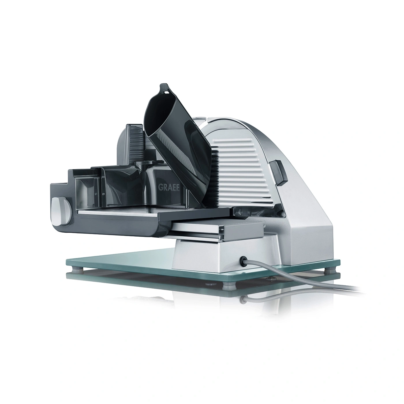 Trancheuse Graef, argent, socle en verre, cordon d'alimentation, appareil de cuisine, aliments
