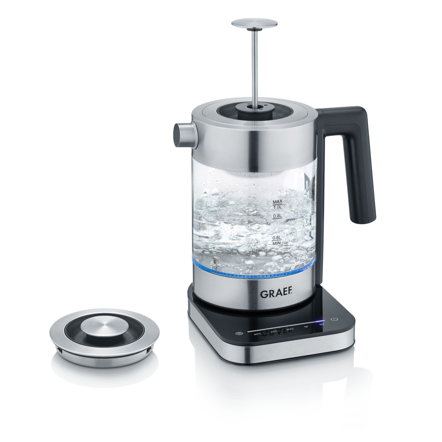 Elektrischer Wasserkocher aus Glas und Edelstahl mit Temperaturregelung und Deckel