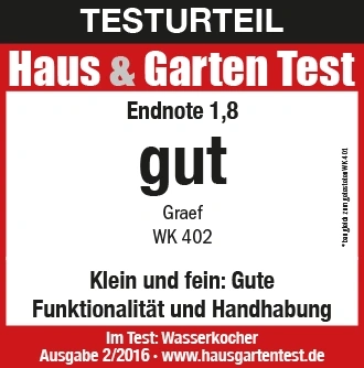 Test result Haus & Garten Test: Grade 1.8 good for Graef WK 402 kettle.