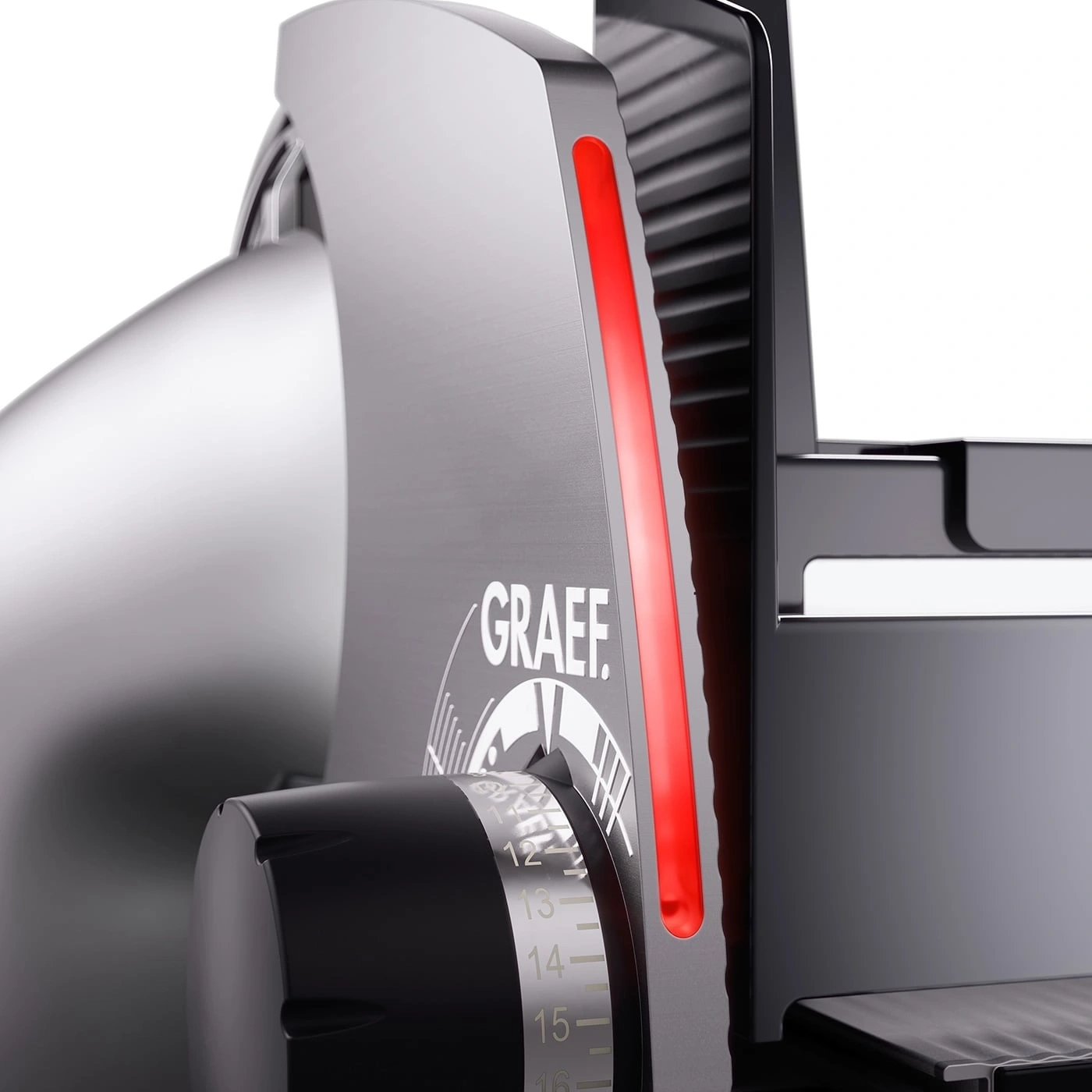 Graef slicer, detail shot, silver and black, with red indicator, close-up