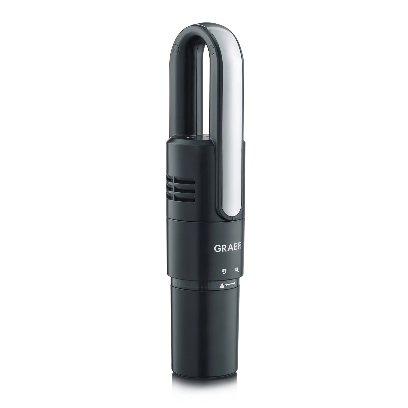 Aspirateur-balai noir avec accent blanc et logo GRAEF, sur fond blanc.