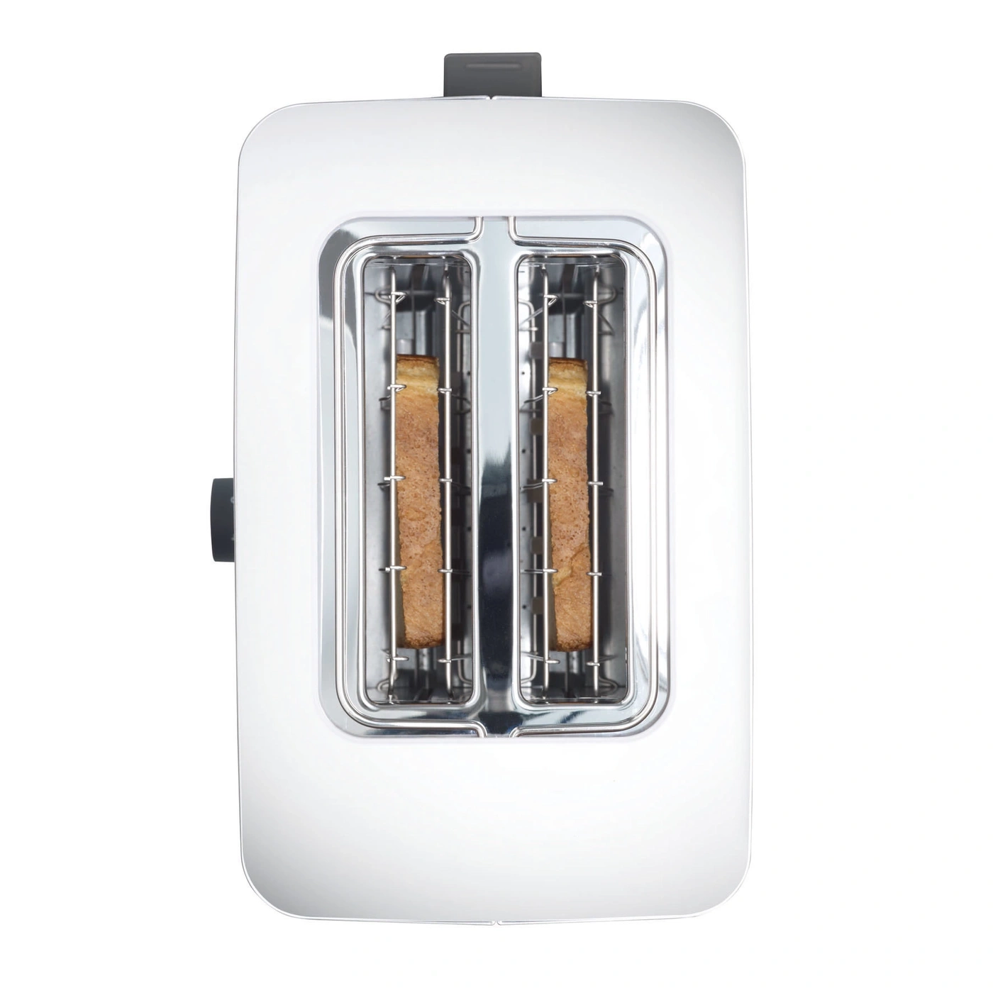 A white toaster with two slices of toast inside the slots, ready to be toasted.