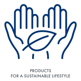Hands holding leaf, products for sustainable lifestyle, blue logo design