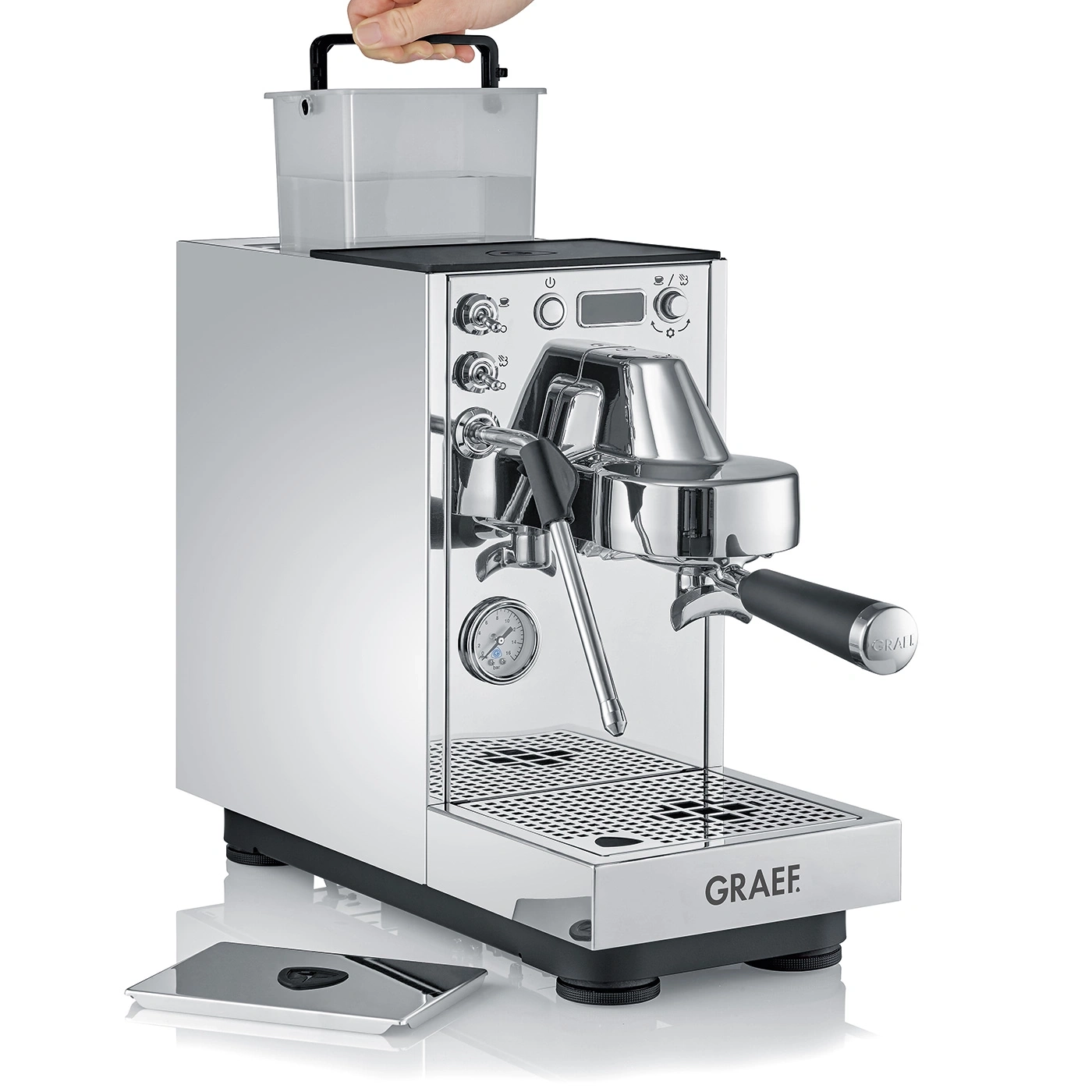 A shiny chrome espresso machine with water tank and portafilter.