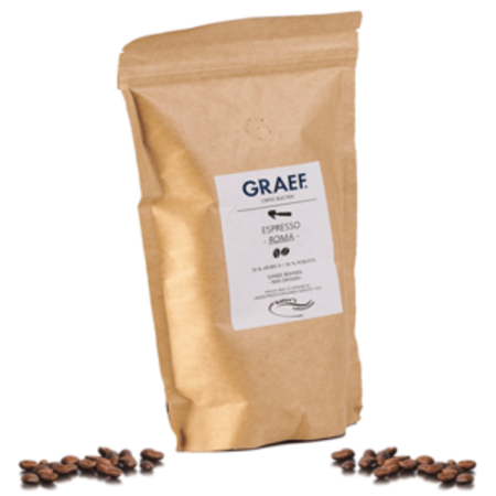 Paquet de grains de café 'GRAEF Espresso Roma' sur papier brun avec des grains