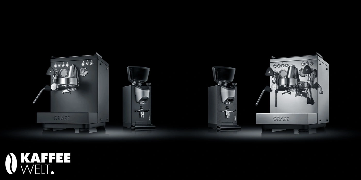 Kaffeemaschinen und Kaffeemühlen auf schwarzem Hintergrund, GRAEF-Marke.