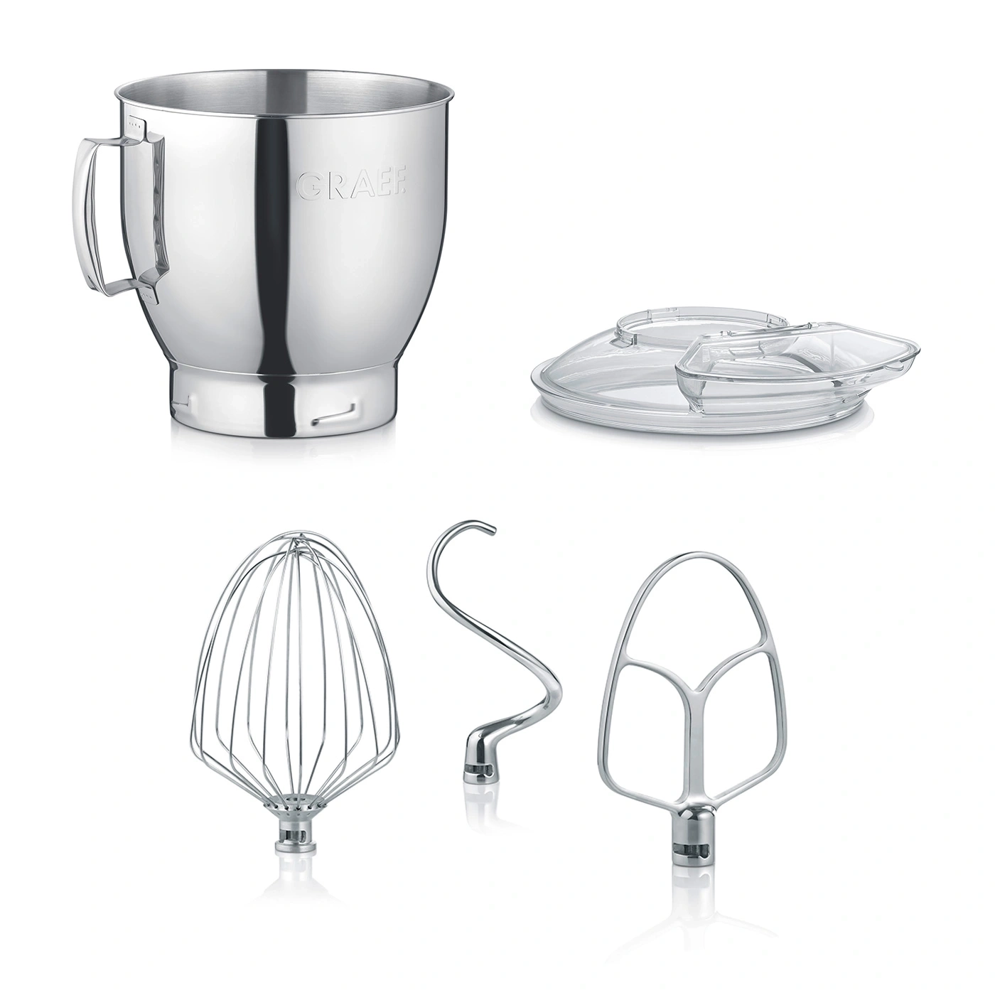 Robot culinaire avec accessoires : bol, couvercle, fouet, crochet pétrisseur, batteur plat. Acier inoxydable.