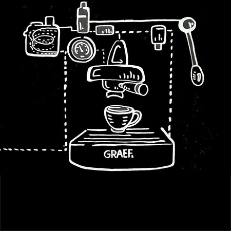 Kaffeemaschine-Zeichnung, schwarz-weiß, mit Tasse, GRAEF-Logo, Espresso-Maschine