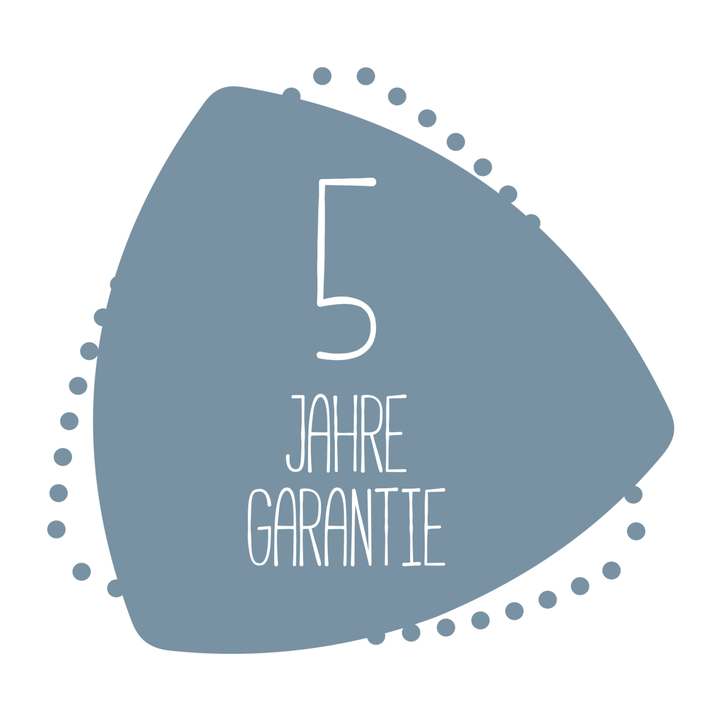 5 ans de garantie, panneau bleu avec lettres blanches et points