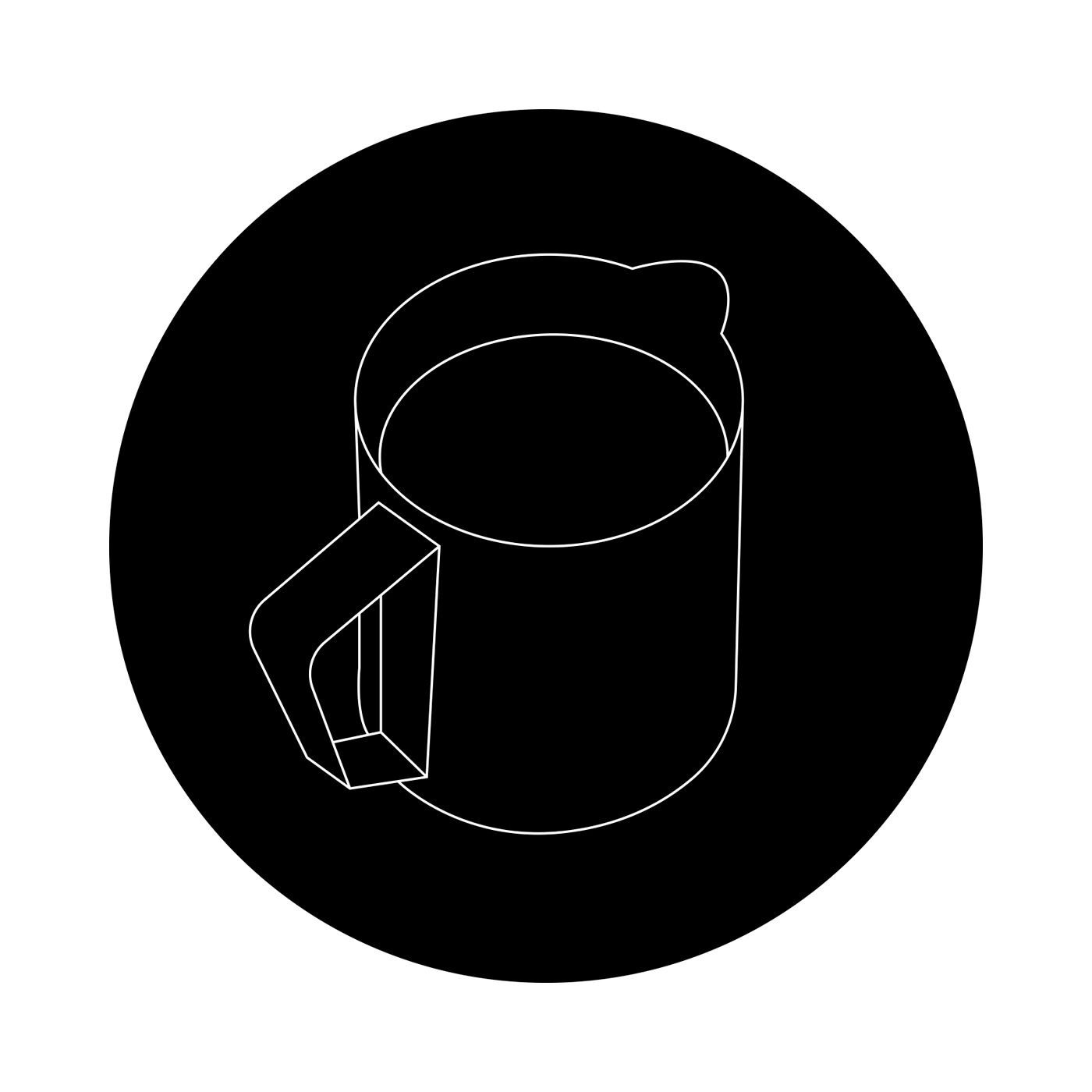 Kaffeetasse in einem schwarzen Kreis, weiß umrandet, mit Griff und Ausguss
