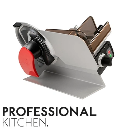 Professionelle Küchenmaschine, graue Basis, roter Knopf, schwarzer Drehknopf, brauner Schutz