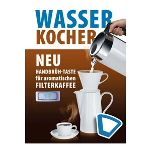 Wasserkocher mit Handbrüh-Taste für Filterkaffee. Kaffeekanne und Tasse.