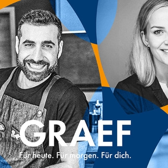 Werbung für GRAEF mit zwei lächelnden Gesichtern und Text.