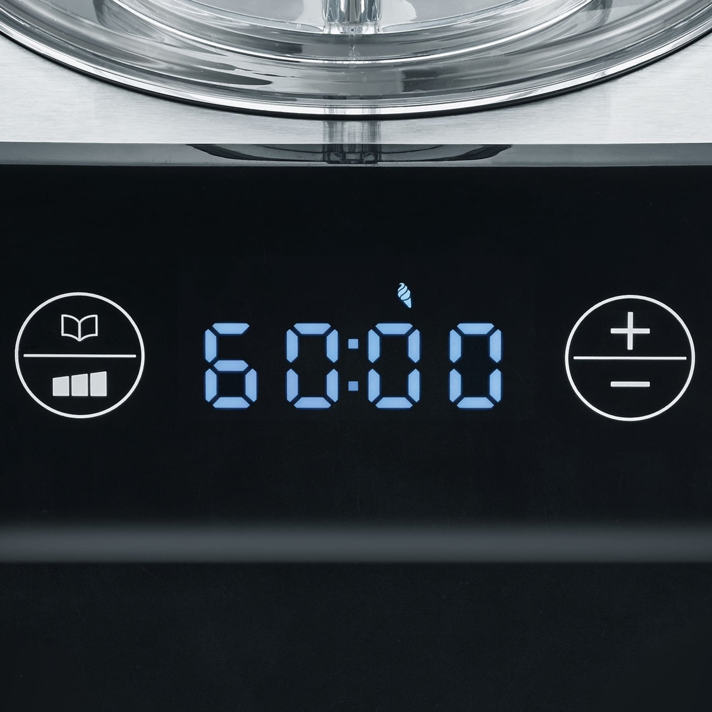 Digital display showing 60:00, with buttons and symbols on a black background