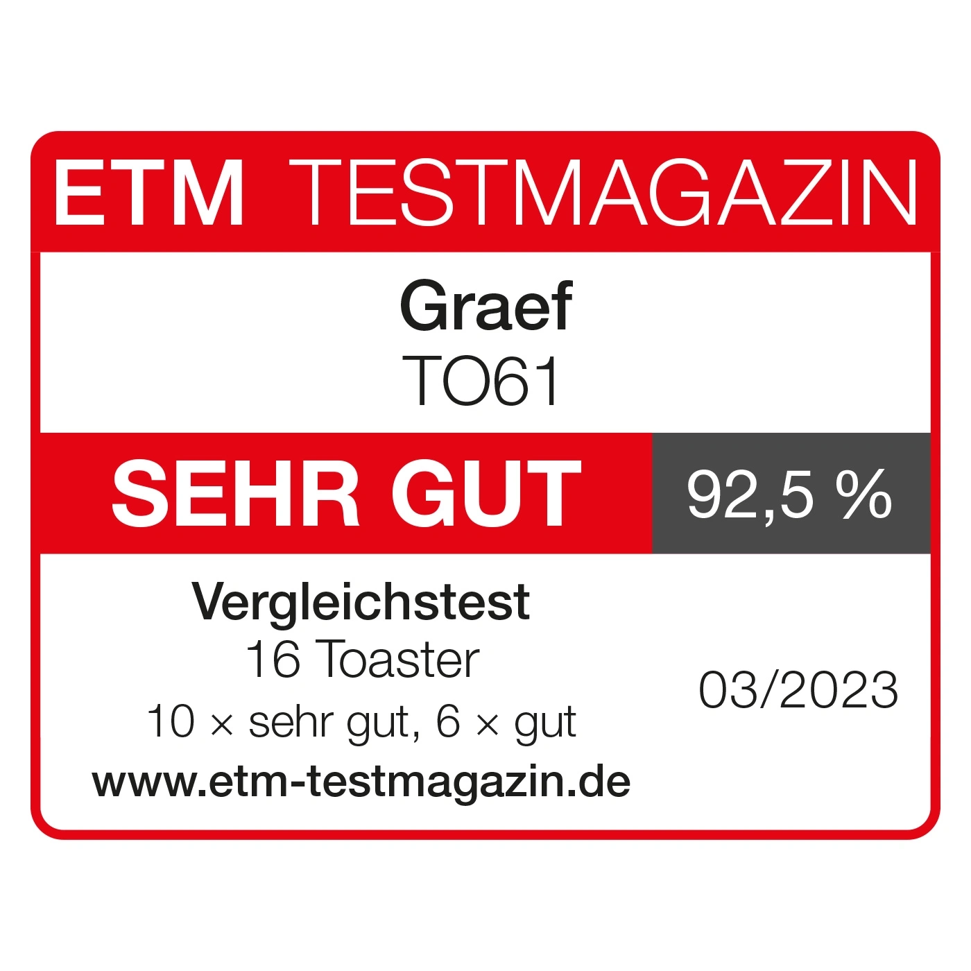 ETM Testmagazin rating: Graef TO61, VERY GOOD, 92.5%, comparison test 03/2023